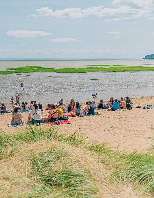 Gens assis sur la plage de Baie-Saint-Paul regardant l'horizon